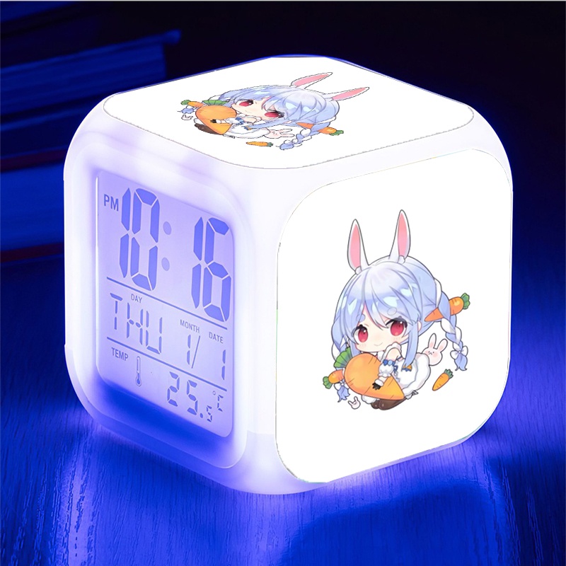 Đồng hồ báo thức để bàn in hình AQUA MARINE PEKORA RUSHIA HOLOLIVE anime chibi đèn LED đổi màu