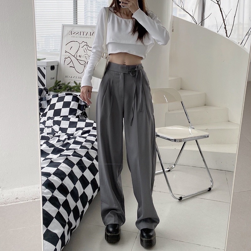 Quần Culottes ống rộng suông dài, có dây thắt eo
