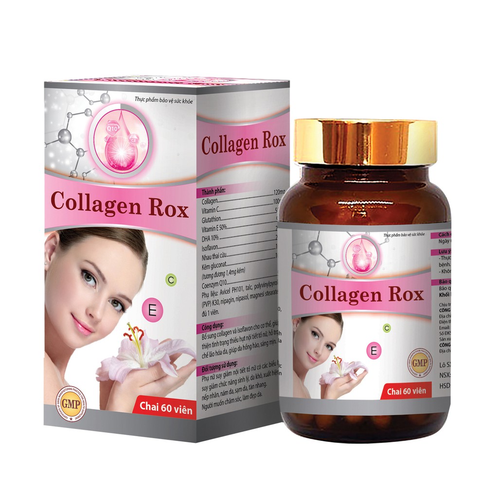 Viên uống đẹp da Collagen Rox, Vitamin E C chống lão hóa, nếp nhăn - Hộp 60 viên