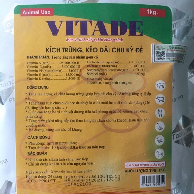 Thuốc thú y. VITADE 1kg men vi sinh sống chịu kháng sinh. Bổ sung ADE trên gà đẻ