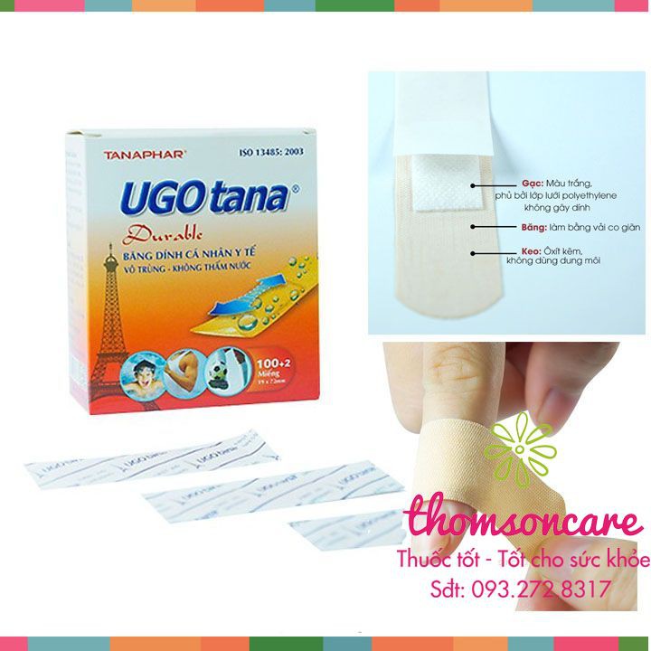 Hộp Băng dính cá nhân y tế UGOTANA 19mmx72mm Hộp 102 miếng băng vết thương nhỏ, đứt tay