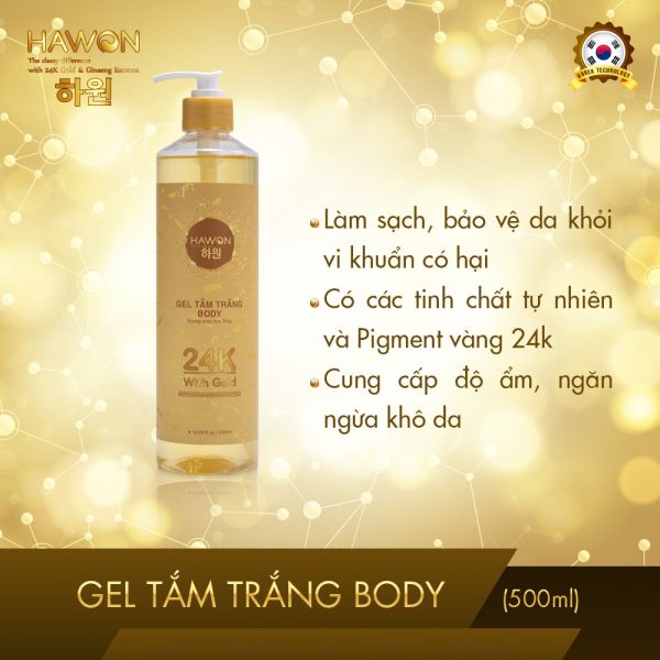 Gel Tắm Trắng Sáng Mịn Da Chiết Xuất Tinh Chất Vàn.g 24K Hương Hoa HAWON - 500ml
