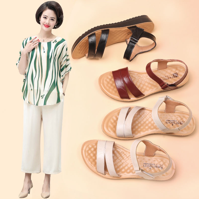 Mẹ dép quai hậu da nữ 40 đế bệt trung niên 50 tuổi mềm chống trượt bà và cao