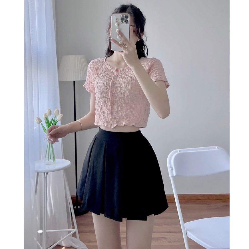 Áo kiểu tay ngắn cổ tròn phối nút nhiều màu chất đũi xốp co dãn form croptop ôm dáng - AO0158