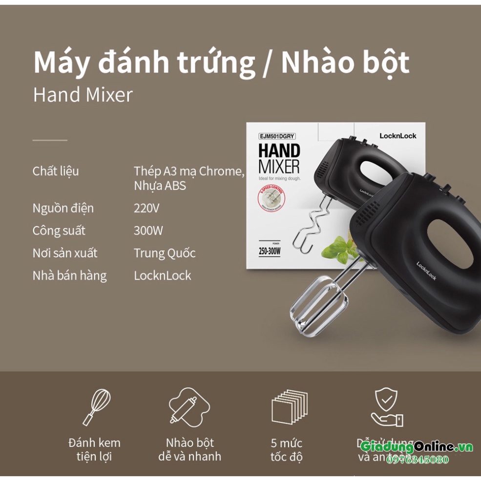 [Lock&amp;Lock] Máy Đánh Trứng, Trộn Bột Hand Mixer EJM501DGRY