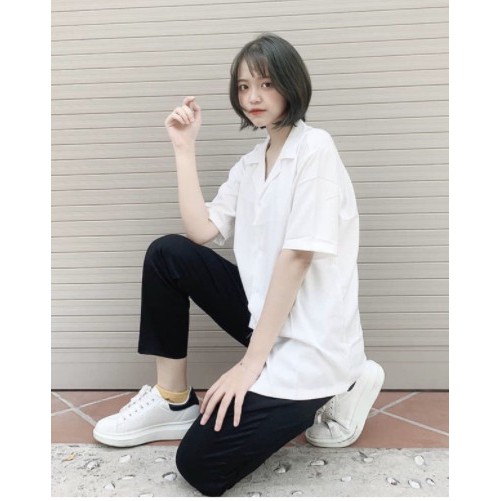 Áo sơ mi nam nữ cổ vest 2 màu trắng đen chất đẹp