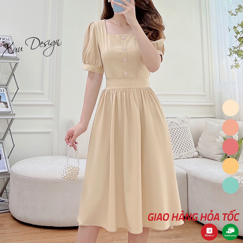 Váy nữ thiết kế XUU kiểu cổ vuông dáng xòe kiểu dáng nhẹ nhàng thanh lịch - V09