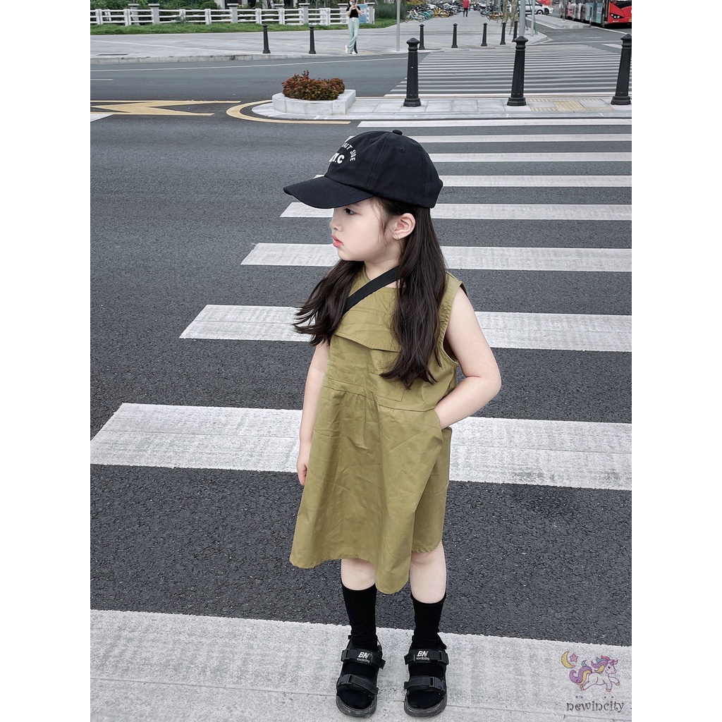 Đầm Không Tay Phối Túi Dễ Thương Thân Thiện Với Da Phong Cách Hàn Quốc Dành Cho Bé Gái