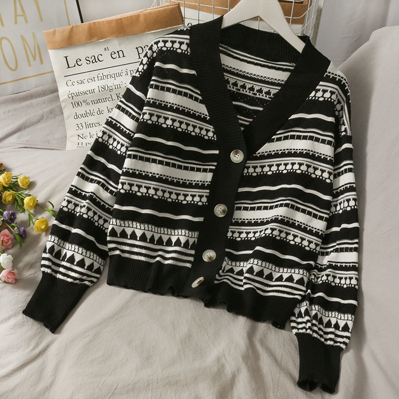 Áo Khoác Cardigan Dệt Kim Tay Dài Dáng Ngắn Họa Tiết Kẻ Sọc Thời Trang Mùa Thu Cho Nữ