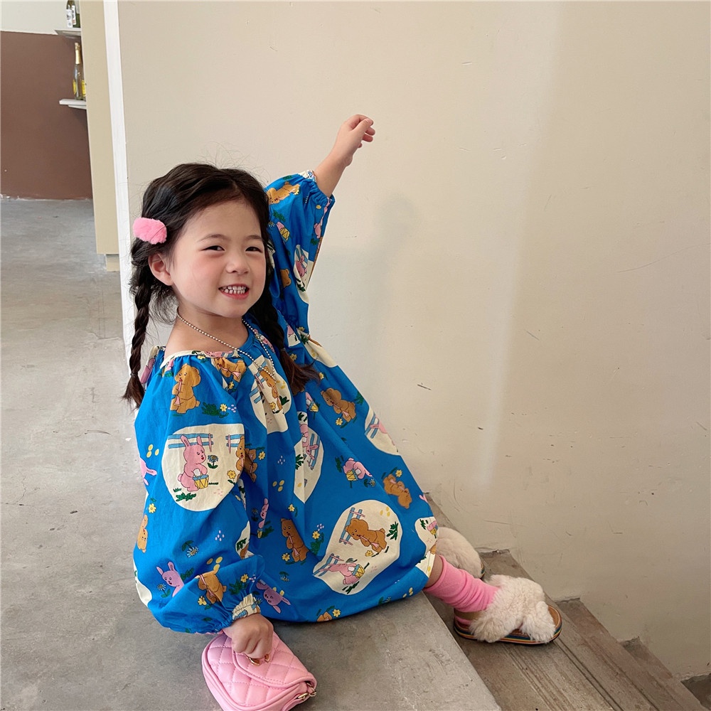 Đầm Mùa Thu Màu Xanh Dương In Họa Tiết Gấu Hoạt Hình Phong Cách Hàn Quốc Cho Bé Gái