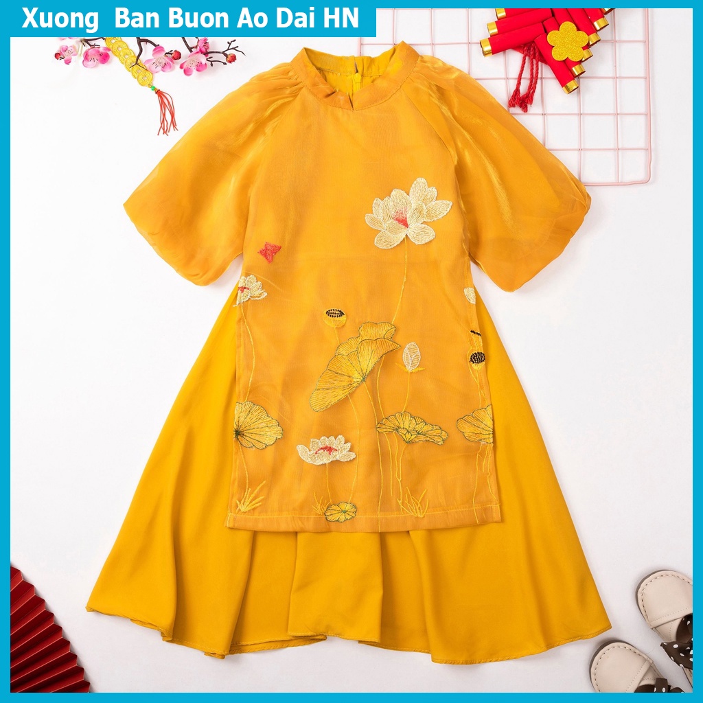 Áo Dài Bé Gái Thêu Sen,ao dai tet hang thiet ke
