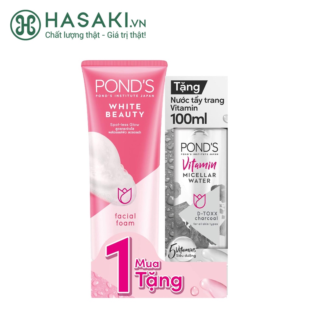 [Mua 1 Tặng 1] Pond's Sữa Rửa Mặt White Beauty 100g + Tặng Nước Tẩy Trang Micellar Water Vitamin D-Toxx Charcoal 100ml