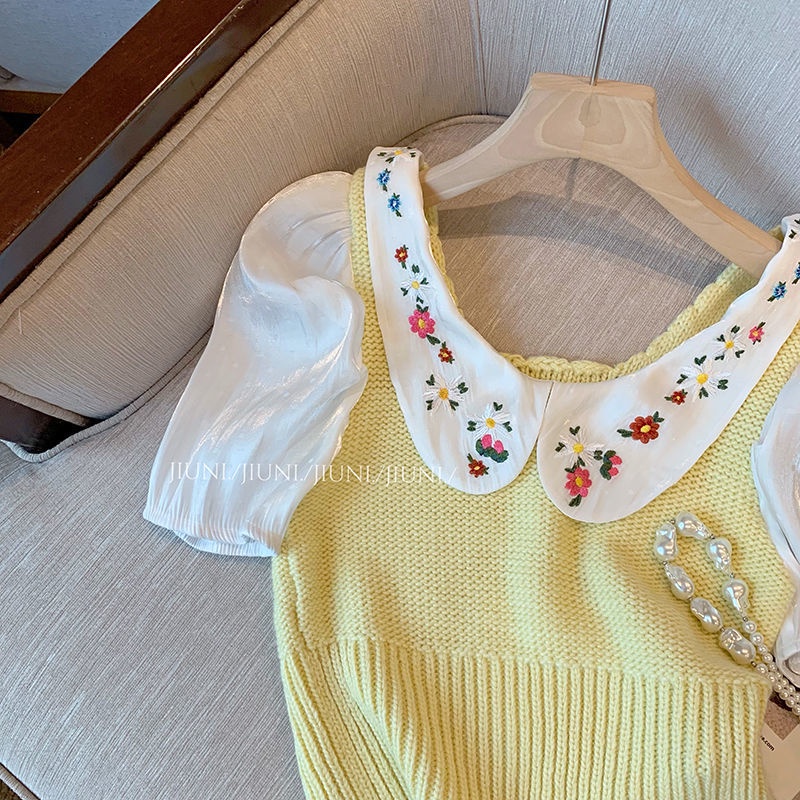 Áo Croptop Dệt Kim Tay Ngắn Cổ Búp Bê Thêu Hoa Thời Trang Mùa Hè Cho Nữ