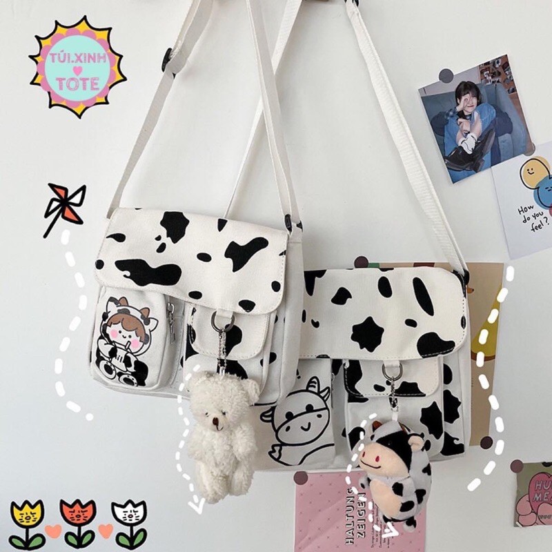 [Mã FAXANH245 giảm 10K đơn 50K] Túi Tote Vải Bố Đựng Đồ Canvas Đeo Chéo Bò Sữa 2 Size