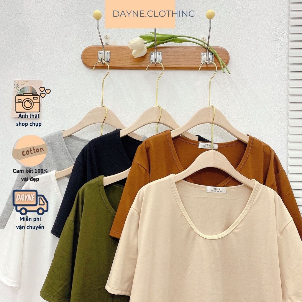 Áo thun trơn basic cổ tim phong cách vintage chất cotton giấy DAYNE