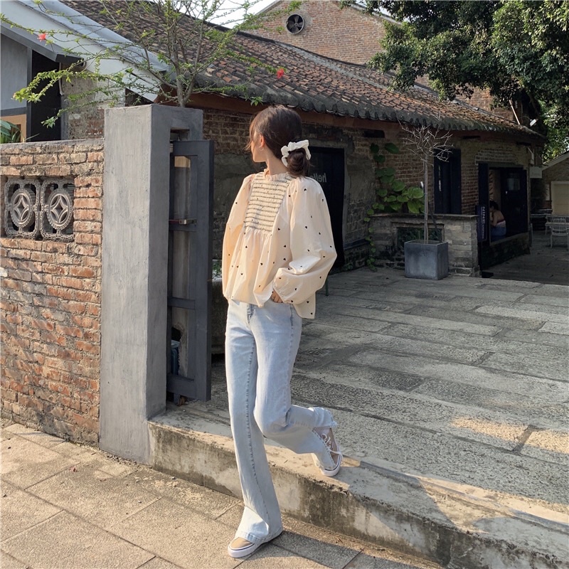 Áo babydoll dáng xòe tay phồng dài họa tiết trái tim màu kem có size dài tay hot girl hàng QC