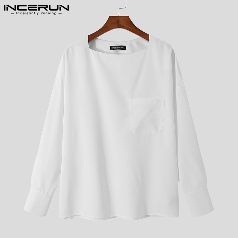 Áo thun INCERUN tay dài cổ rộng màu trơn thời trang Hàn Quốc cho nam