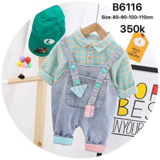 Set yếm bé trai áo sọc xanh + yếm jean