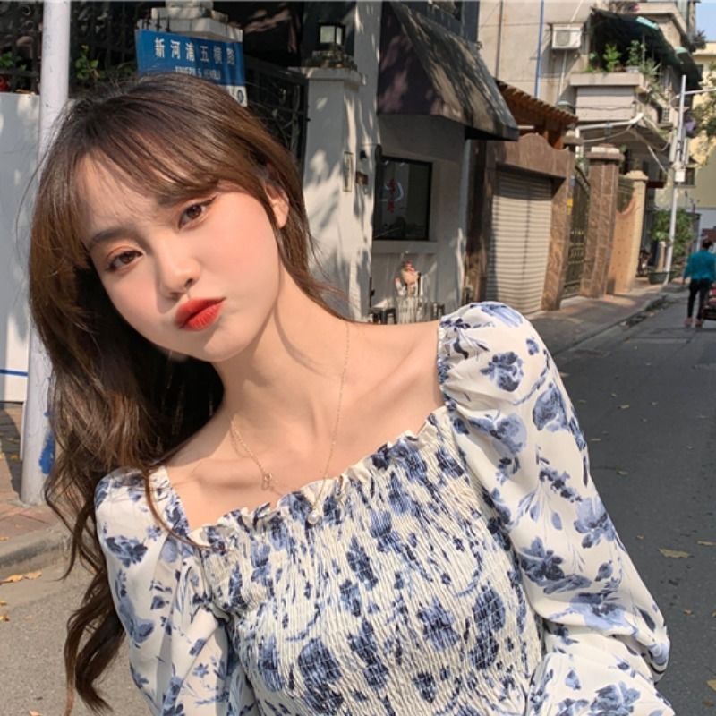 Áo voan BH tay dài cổ vuông họa tiết hoa dáng ôm thời trang Hàn Quốc dành cho bạn nữ