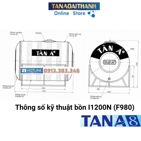 Bồn Nước Inox Tân Á 8 Cao cấp Ngang 1200L , bảo hành 15 năm, Tân Á Đại Thành online