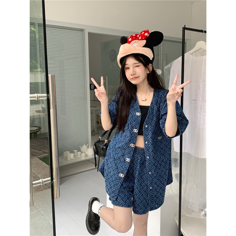 Set Áo Sơ Mi Denim Ngắn Tay + Quần Short Jeans Lưng Cao Ống Rộng Thời Trang Cho Nữ