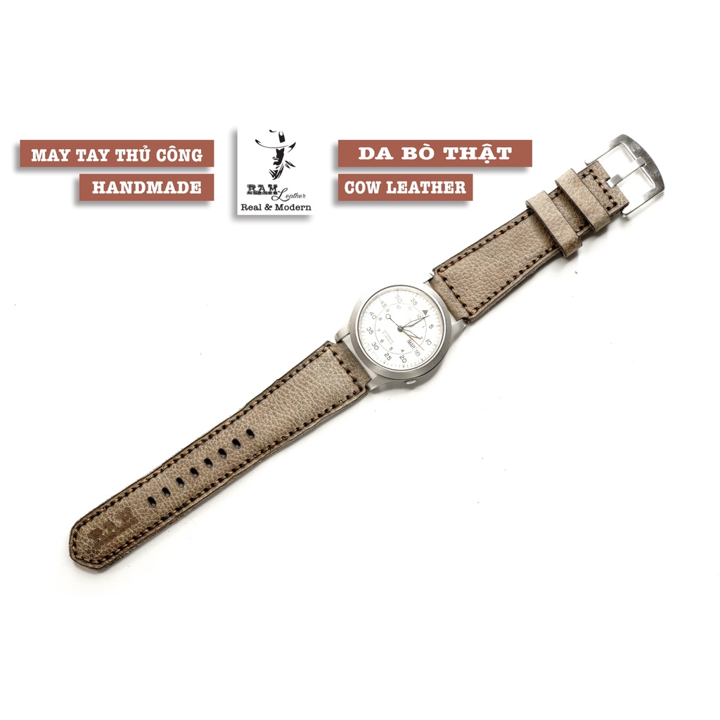 Dây đồng hồ RAM Leather 1953 cho CASIO 1200, AE 1200, 1300, 1100, A159 , A168 , Size 18 da bò sáp đen nhám