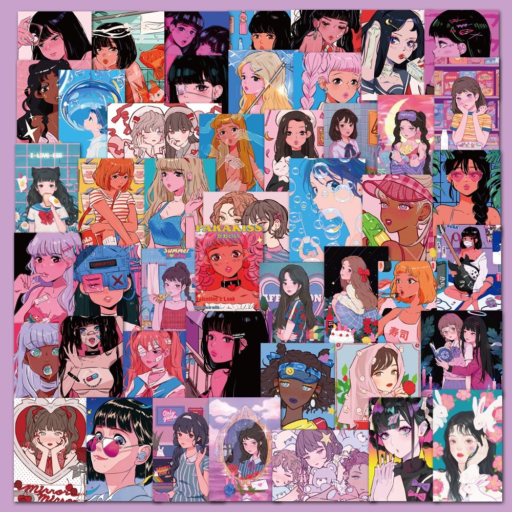 Set 50 chiếc sticker chống nước GIRL HIỆN ĐẠI ART cá tính dán nón bảo hiểm, laptop, vali, xe máy, đàn