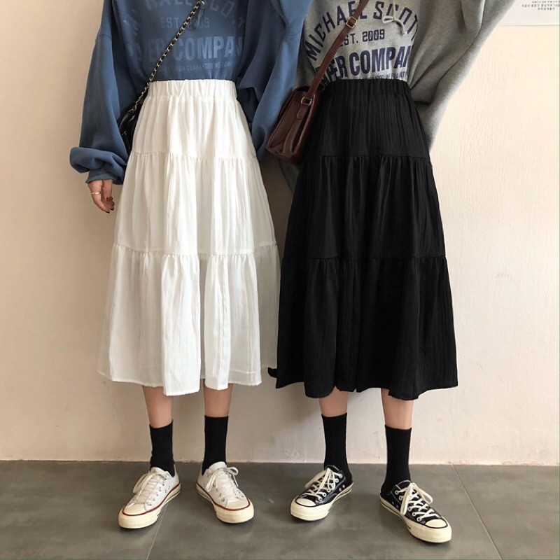Chân váy voan xoè dáng dài phong cách ulzzang thời trang nữ có lót trong màu trắng đen | BigBuy360 - bigbuy360.vn