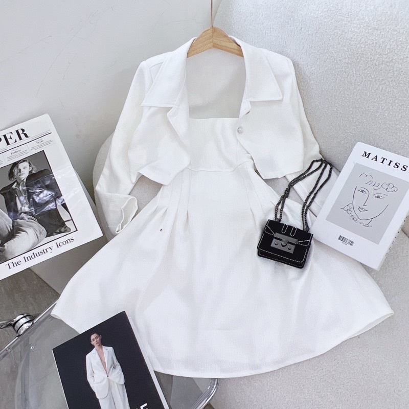 SET ĐẦM DẠ 2 DÂY XOÈ + ÁO KHOÁC CROPTOP VEST TAY DÀI MS198