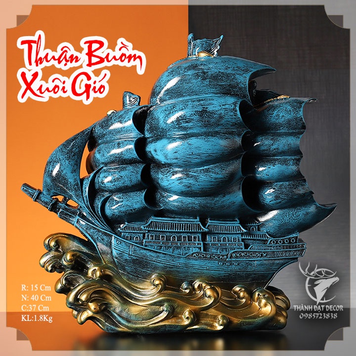 Tượng Thuyền Thuận Buồm Xuôi Gió Màu Xanh, Vật Phẩm Phong Thủy, Quà Tặng Tân Gia , Khai Trương , Tặng Sếp, Tặng Đối Tác