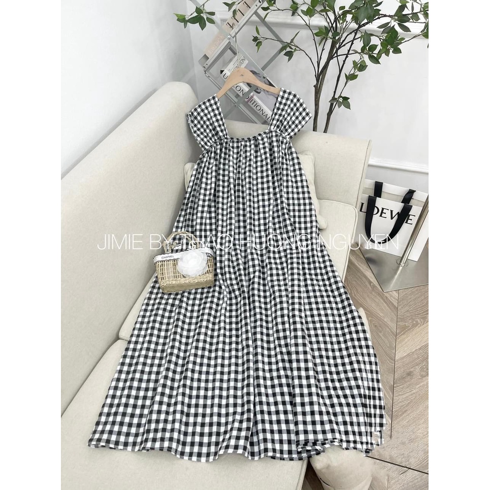 Váy bầu 2 dây bản to chất thô hàn xốp kẻ caro nhiều màu dáng xòe chun ngực dáng midi (Ảnh thật tự chụp)