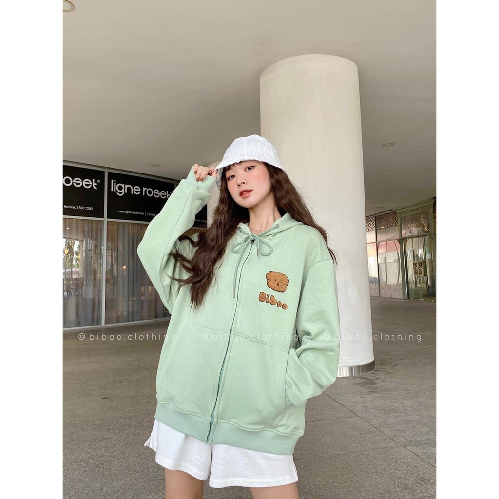 Áo Khoác Nỉ Bông Form Rộng Kéo Khóa Thêu Hình Gấu | BigBuy360 - bigbuy360.vn