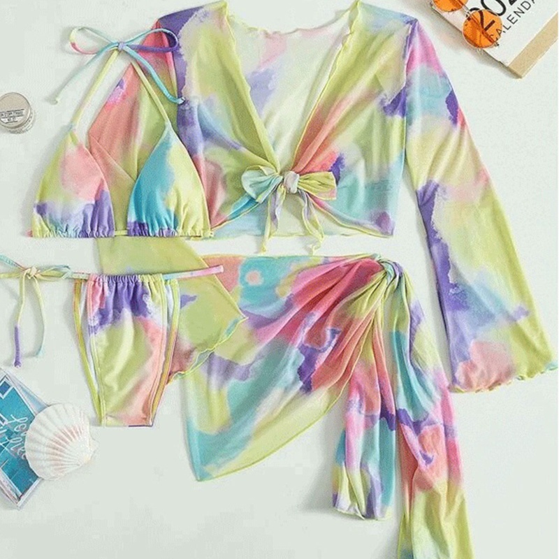 Bộ Đồ Bơi 4 Mảnh Thắt Nút Nâng Ngực Màu Nhuộm Thoải Mái Cho Nữ