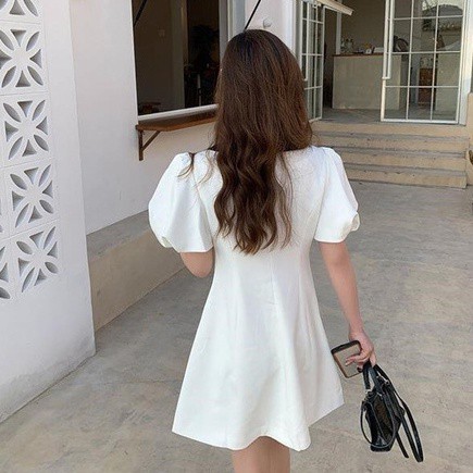 VÁY DÁNG CHỮ A CỔ NHỌN - ĐẦM DỰ TIỆC TAY BỒNG - CHẤT MÁT, HAI MÀU ĐEN-TRẮNG  V-CN | BigBuy360 - bigbuy360.vn