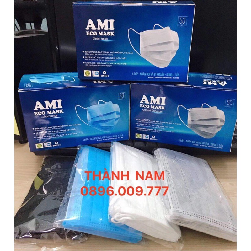 MÀU TRẮNG-Hộp Khẩu Trang Y Tế AMI 4 Lớp, Có Lớp Than Hoạt Tính (Hộp 50 chiếc)