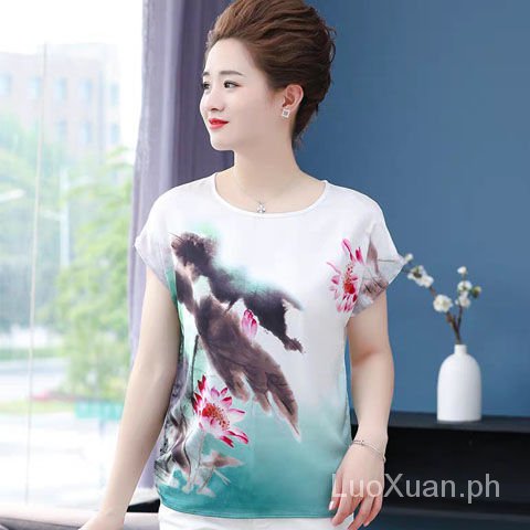 Áo Thun Tay Ngắn Dáng Rộng Vải Lụa Mát Mỏng Cỡ Lớn Thời Trang Cho Nữ Trung Niên