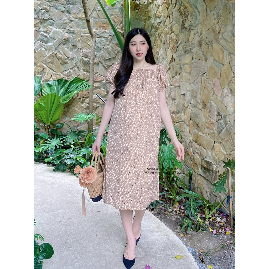 EVERMOM | Đầm bầu bông nhí nhún ngực tay phồng