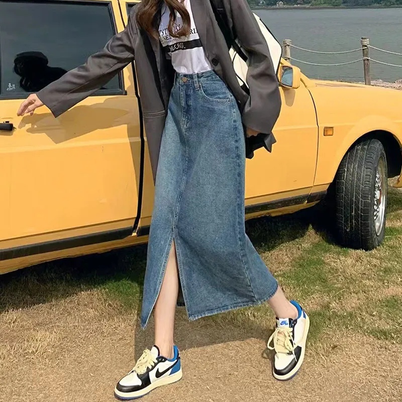 Chân váy SUXI jean dáng chữ A lưng cao màu sắc đơn giản trẻ trung