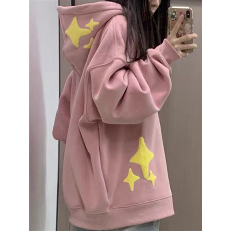 Áo Khoác Hoodie Mỏng Dáng Rộng Màu Hồng Phong Cách Hip Hop Mỹ Thời Trang Xuân Thu Cho Nữ