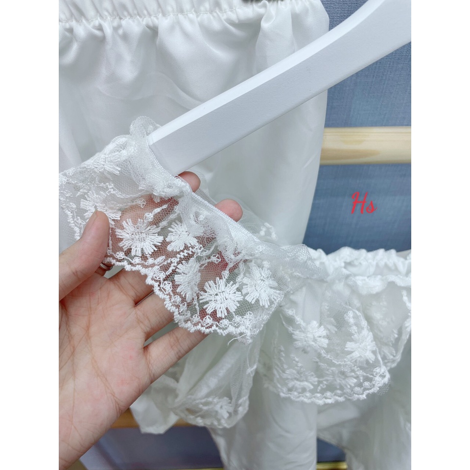 Bộ Ngủ Áo 2 Dây Phối Voan Kèm Quần Short Chất Đũi Trắng | BigBuy360 - bigbuy360.vn