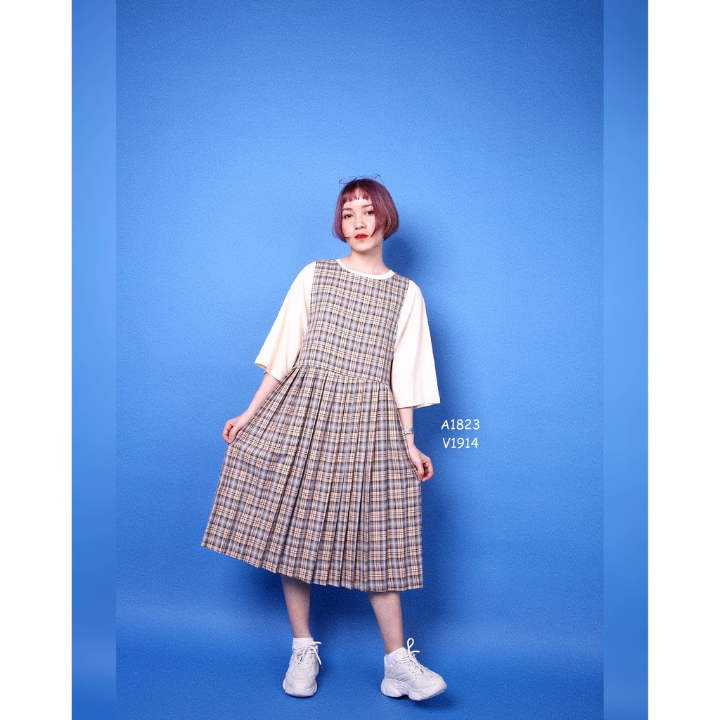 Váy liền kẻ caro, Minion Clothing dáng xoè, xếp li, đầm phong cách Ulzzang Streetwear Hàn Quốc V1914