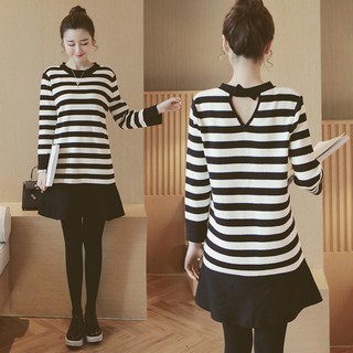 THANH LÝ : Đầm Bầu Thu Đông Kiểu Dáng Hạ Eo Phối Kẻ Đen Trắng