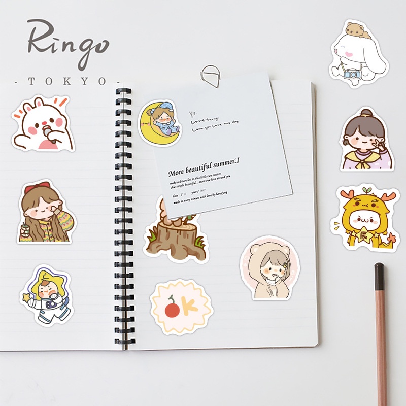 Set 60-100 Nhãn Dán Trang Trí Tủ Lạnh Laptop Chống Thấm Nước Hình Gấu Kiểu Hàn Quốc Dễ Thương