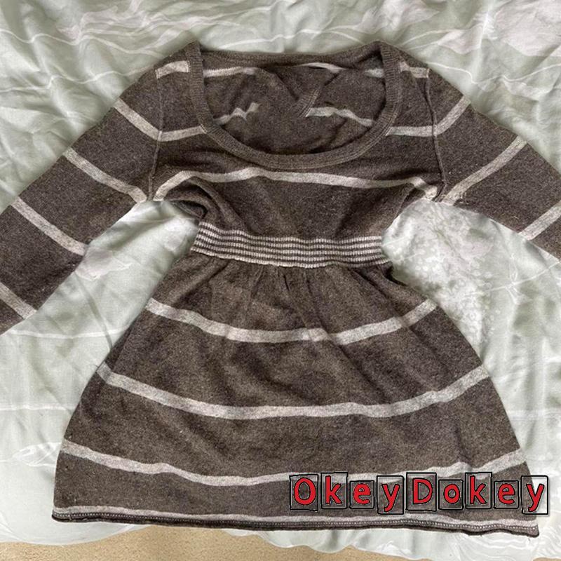 Áo Sweater Dệt Kim Chui Đầu Kẻ Sọc Y2K Grunge Phong Cách Harajuku Cho Nữ