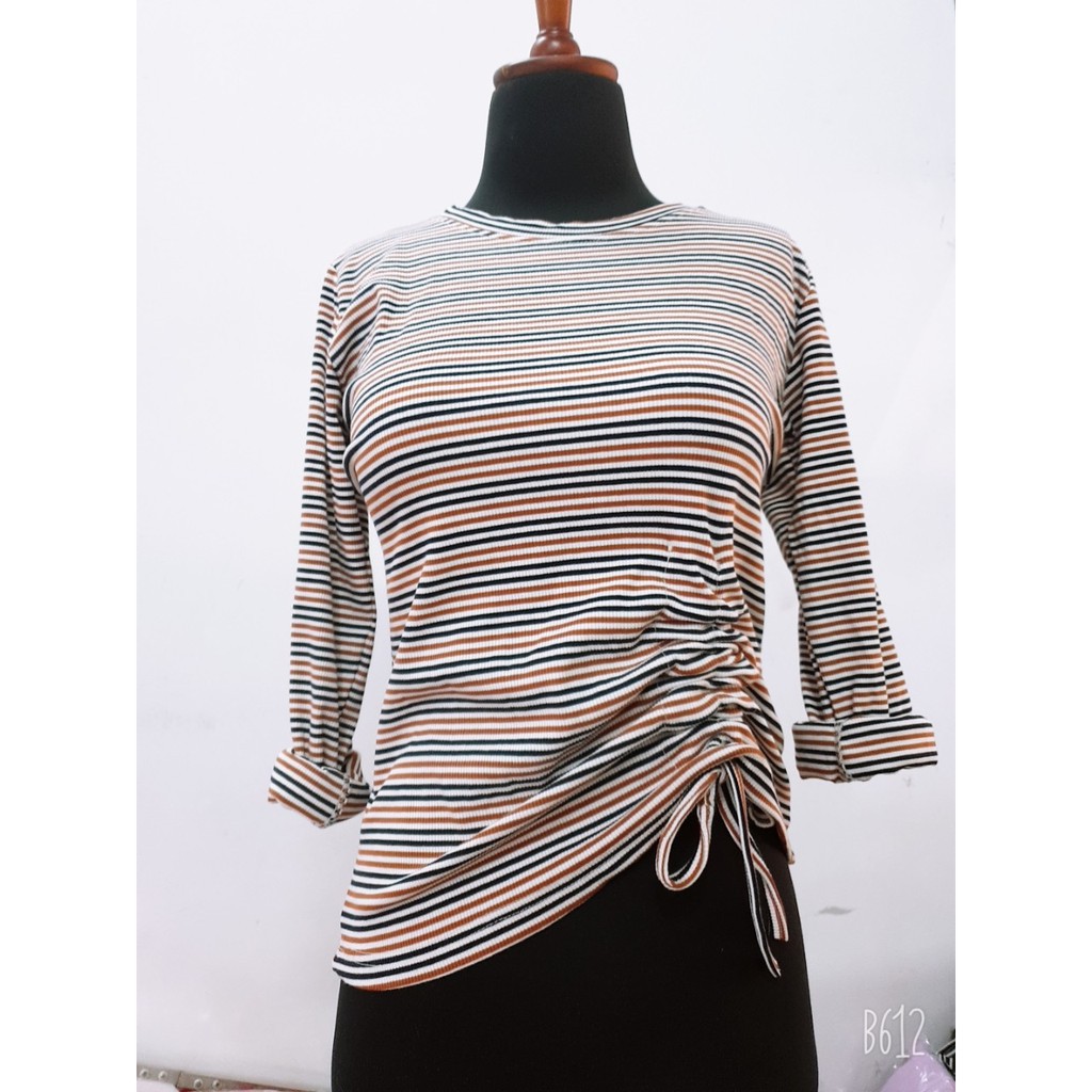 HOT TREND Áo Len Kẻ Dài Tay Rút Eo