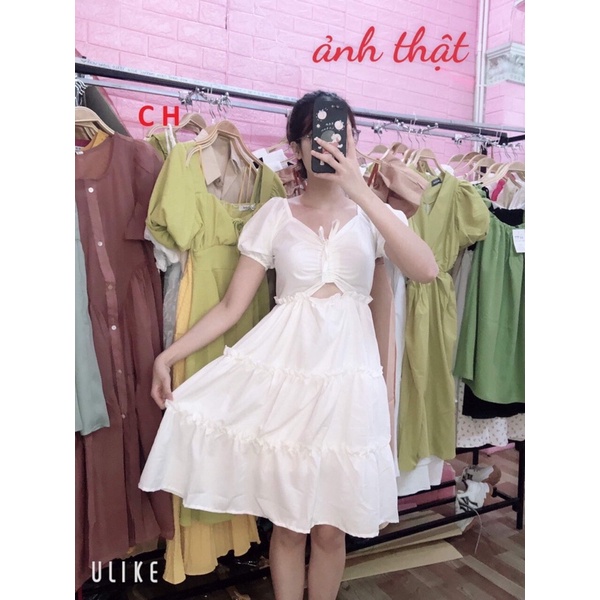Váy rút dây khoét eo dáng xoè 2 màu Đen Trắng Đầm Dự Tiệc Cổ VBa tầng dài tay tiểu thư 2 lớp vintage Ullzang