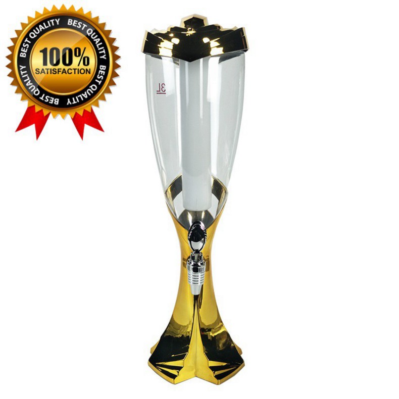 Tháp Bia (Bình Đựng Bia) 3 Lít Có Đèn Led Hình Ly Màu Mạ Vàng Hàng Cao Cấp