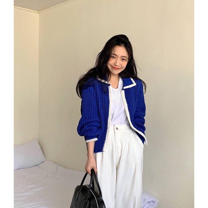 Áo khoác len YKK thời trang màu xanh cô ban mix viền trắng siêu xinh