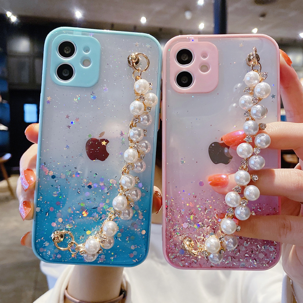 Ốp Điện Thoại Dẻo Trong Suốt Màu Gradient Lấp Lánh Kèm Dây Đeo Ngọc Trai Cho Xiaomi Xiao Mi Redmi 9a 9i 9c Note 9 Pro Max 9s