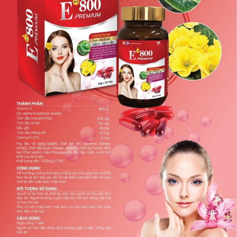 E đỏ 800 PREMIUM tinh chất lô hội + tinh dầu hoa anh thảo chống lão hóa, làm đẹp da hộp 30 viên